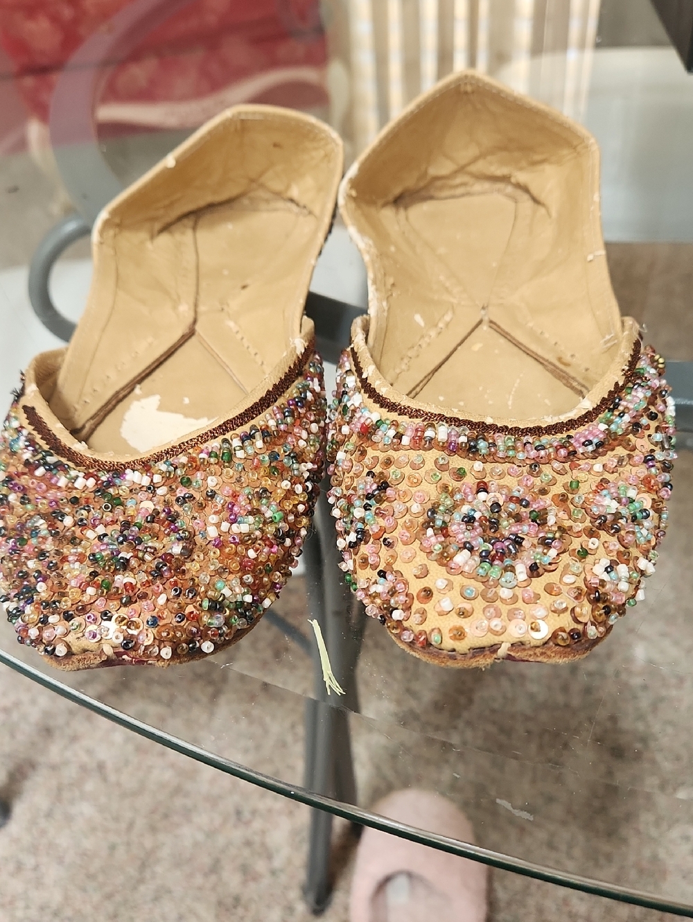 Embellished Tan Women's Jutti Flats with Multicolor Beads